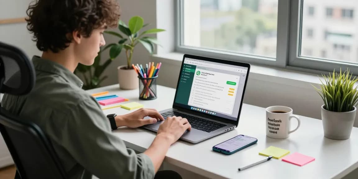 Workspace featuring WhatsApp電腦版 on laptop screen with smartphone notifications, showcasing productive tech environment.