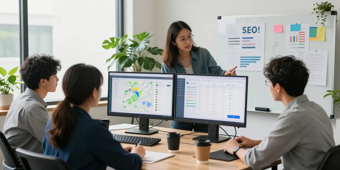 Equipo de agencia-seo-local.com analizando datos en oficina moderna durante sesión estratégica.