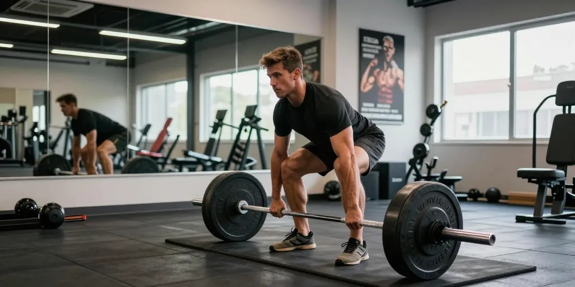 Atleta fuerte levantando pesas en el gimnasio Esteroidesshop, mostrando energía y dedicación en un entorno de entrenamiento brillante.