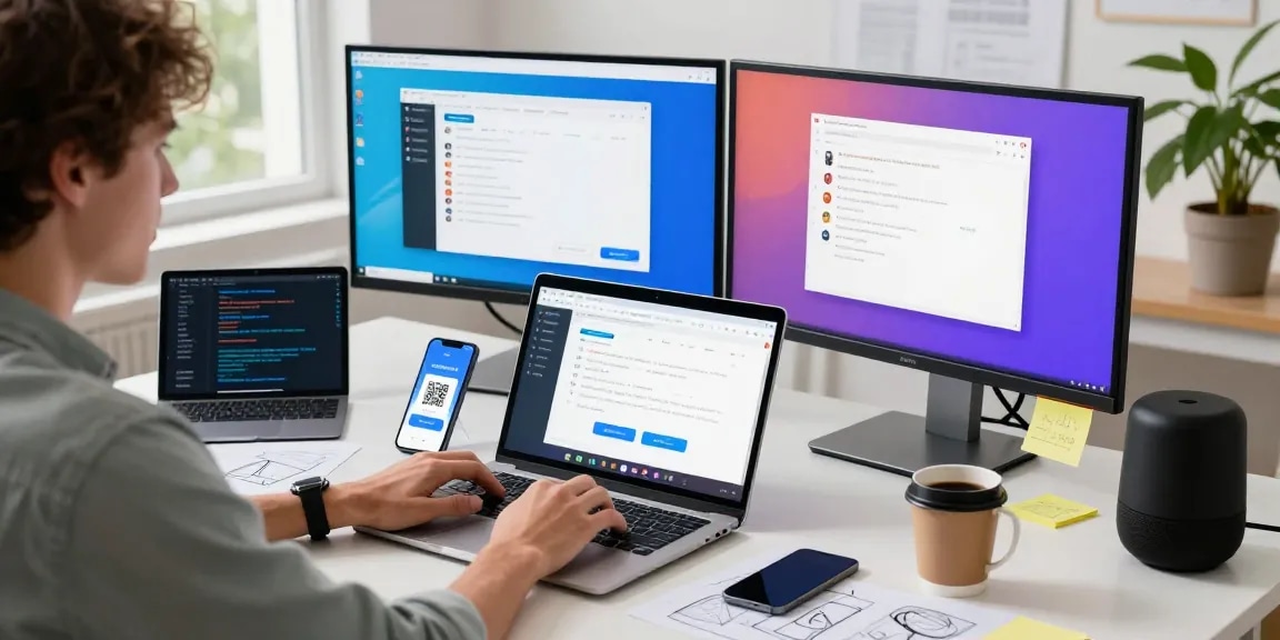 Accessing Telegram Web Version through a stylish workspace setup with dual monitors and creative elements.