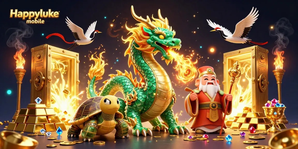 Experience exhilarating wins on Happyluke mobile with a dragon, turtle sage, and lucky cranes.