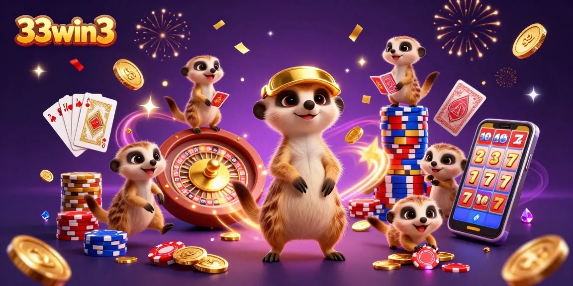 33win3 showcases playful meerkats in a vibrant casino scene with chips and confetti.