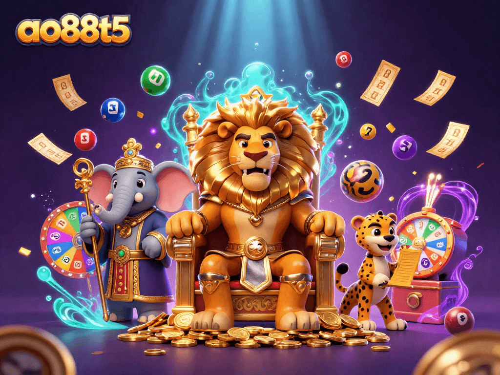 Engage with ao88t5 in a vibrant lottery-themed 3D illustration featuring lively characters and dynamic elements.