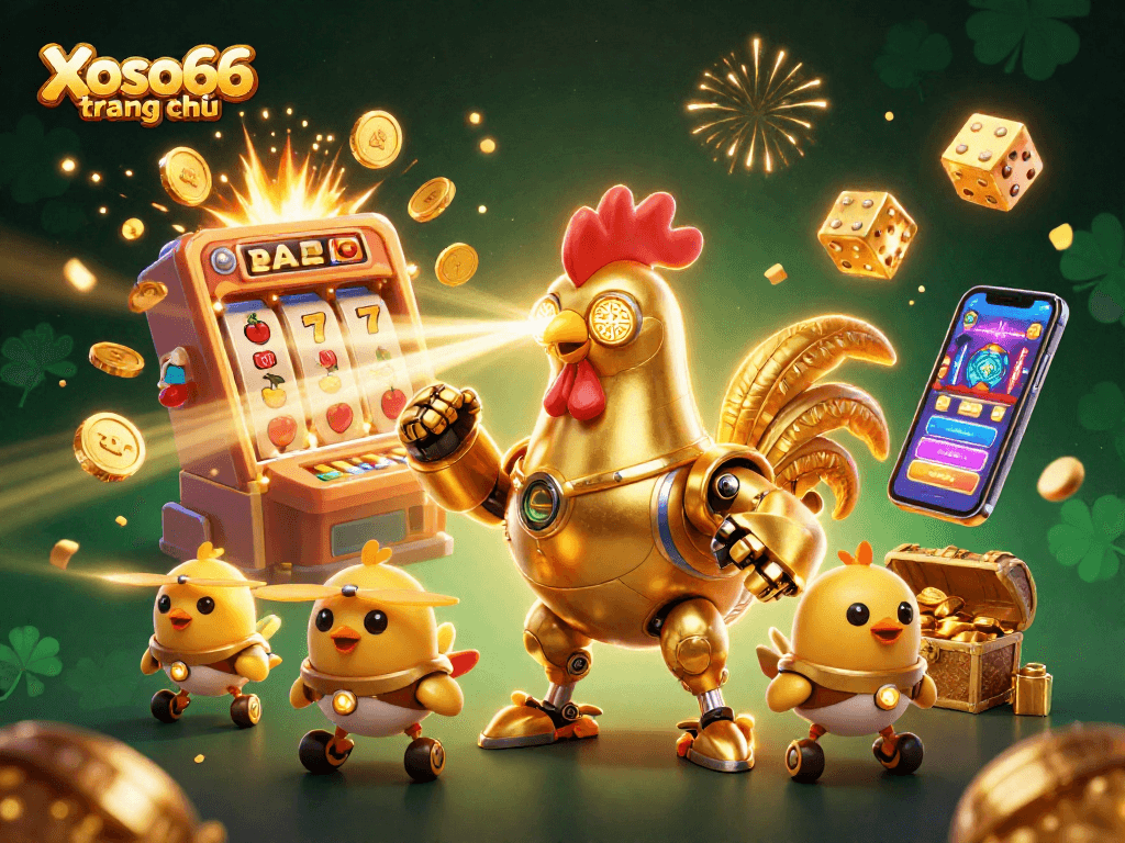 Experience excitement at Xoso66 trang chủ with dynamic 3D illustration showcasing a golden rooster robot amidst a colorful casino scene.