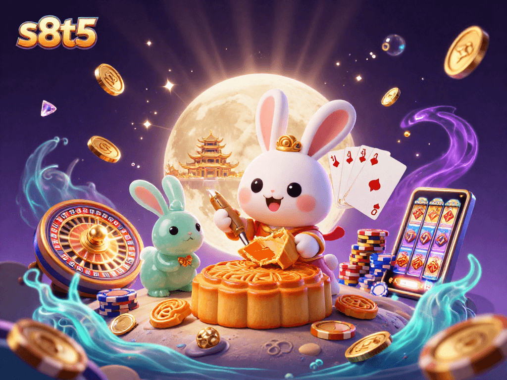 Witness the playful s8t5 moon rabbit bringing luck with poker chips and vibrant casino elements.