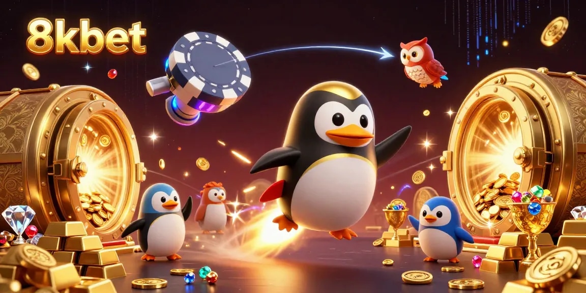 Experience thrilling gaming at 8xbet with golden treasures and adventurous penguins in a vibrant casino setting.
