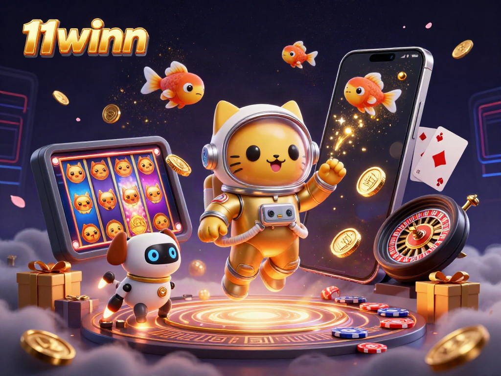 Engage in thrilling gameplay with 11winn as a space astronaut cat and a robot dog amidst casino excitement.