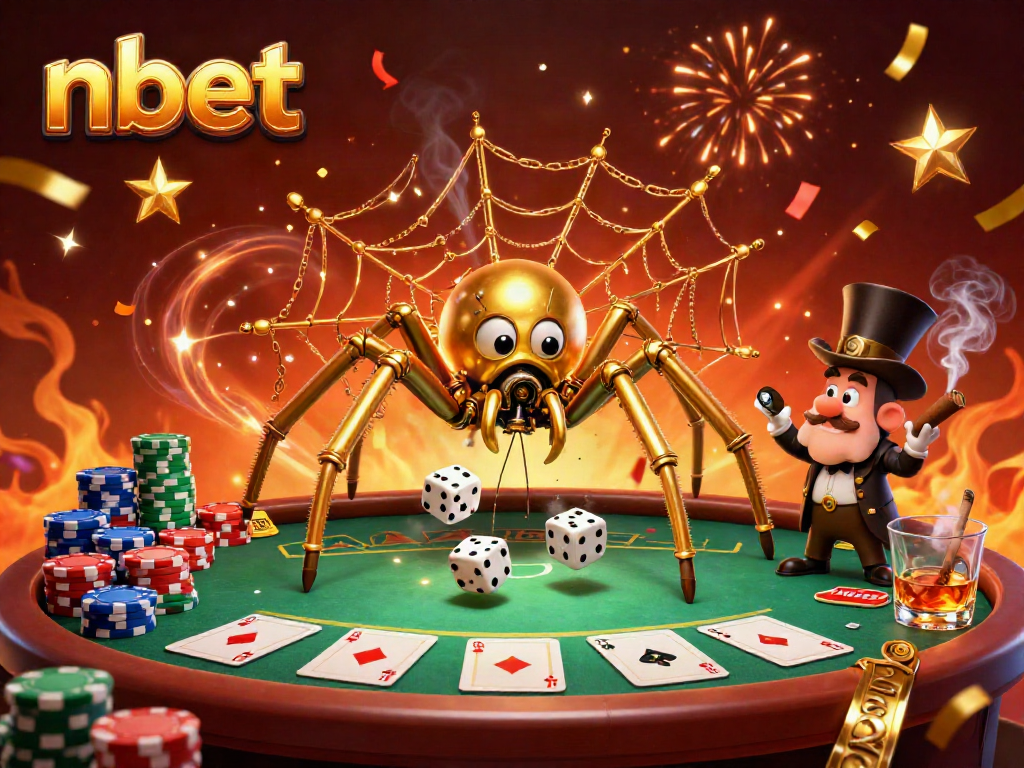 Experience nbet excitement in a lively casino scene featuring a steampunk spider and playful elements.
