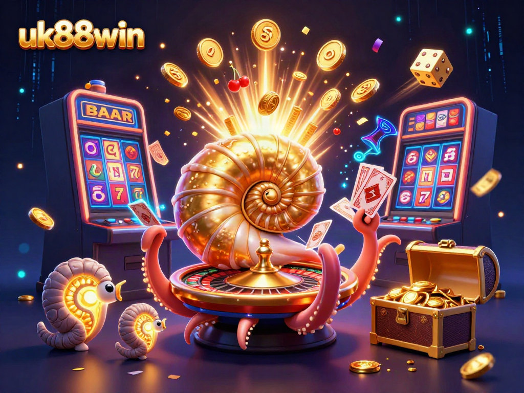 Experience the excitement of uk88win with a vibrant 3D illustration showcasing dynamic casino elements and a giant nautilus.