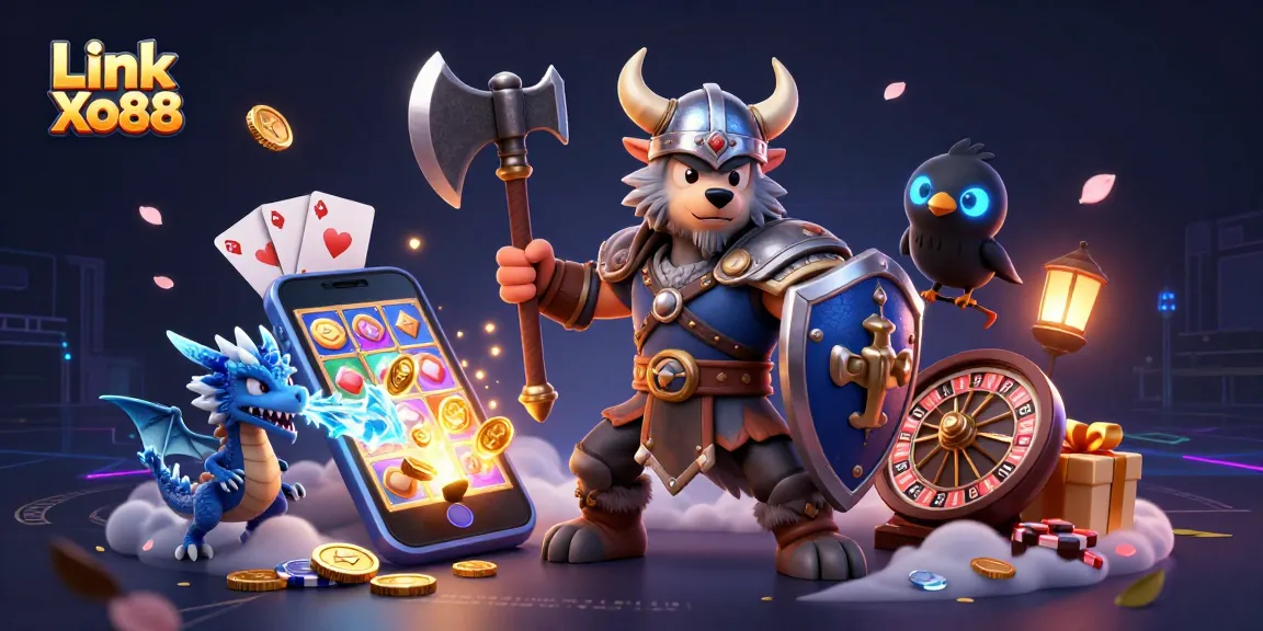 Play slots with Link Xo88's Viking warrior, dragon, and raven amidst dynamic casino elements.