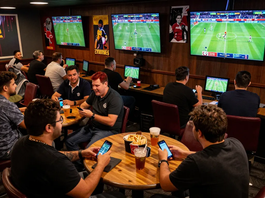 Engaged bettors analyzing keo nha cai hom nay in a lively sports betting lounge filled with excitement and screens.