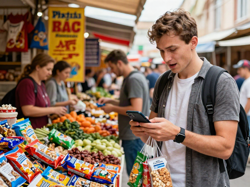 Explorador utilizando https://payinrussia.com/ para pagos en un colorido mercado ruso.