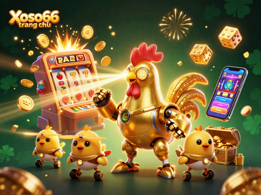 Experience excitement at Xoso66 trang chủ with dynamic 3D illustration showcasing a golden rooster robot amidst a colorful casino scene.