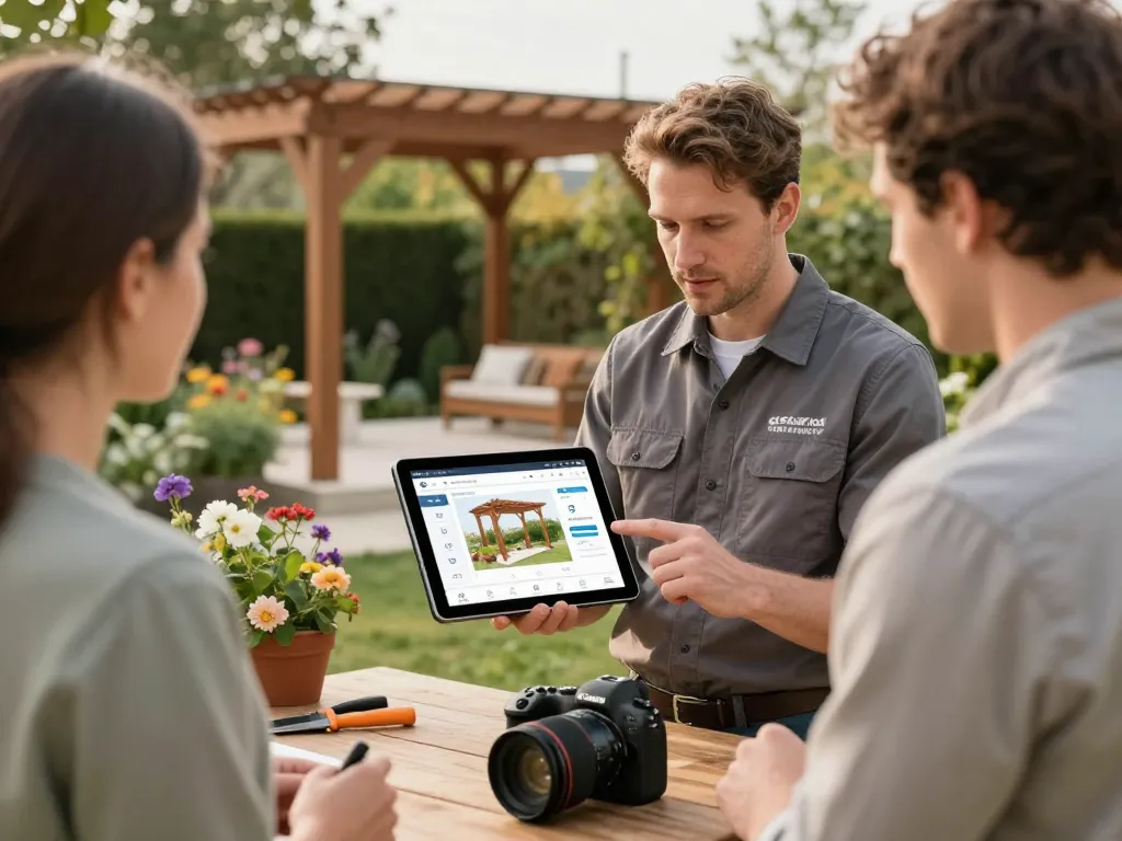Instalador demostrando software para instaladores de pérgolas con un cliente en un entorno de jardín pintoresco.