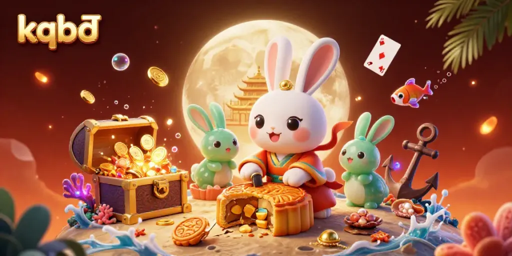 Experience the exciting world of kqbđ with a cartoon moon rabbit revealing poker chips on the moon.