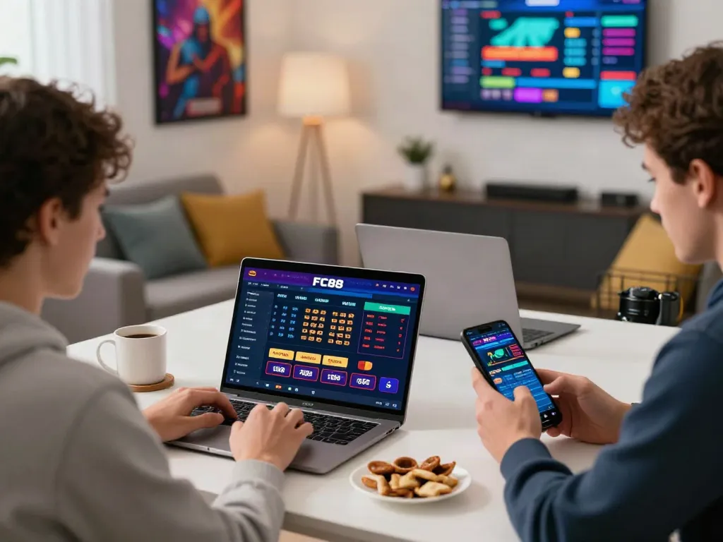 Players engaged on https://fc88v1.com/ platform enjoying an immersive online betting experience in a stylish home office.