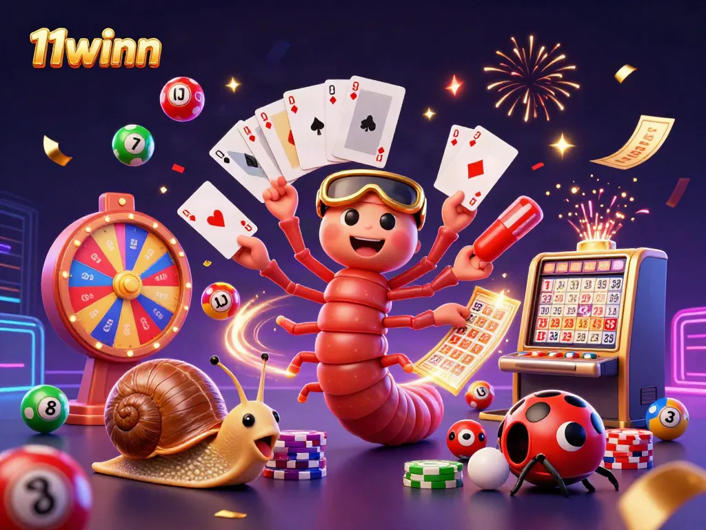 Experience the excitement of 11winn with a vibrant 3D casino scene featuring an animated millipede dealer and dynamic game elements.