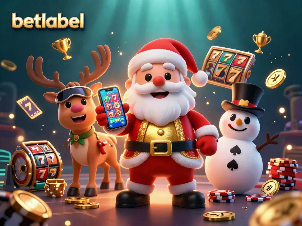 Betlabel offers thrilling jackpot slots as Santa, a reindeer dealer, and a chip-poker snowman celebrate wins.