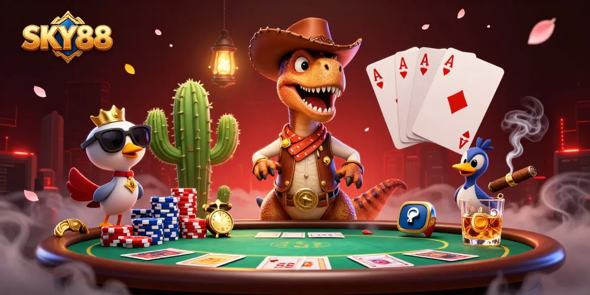Engage with SKY88's thrilling poker scene featuring dynamic characters and vibrant casino elements.