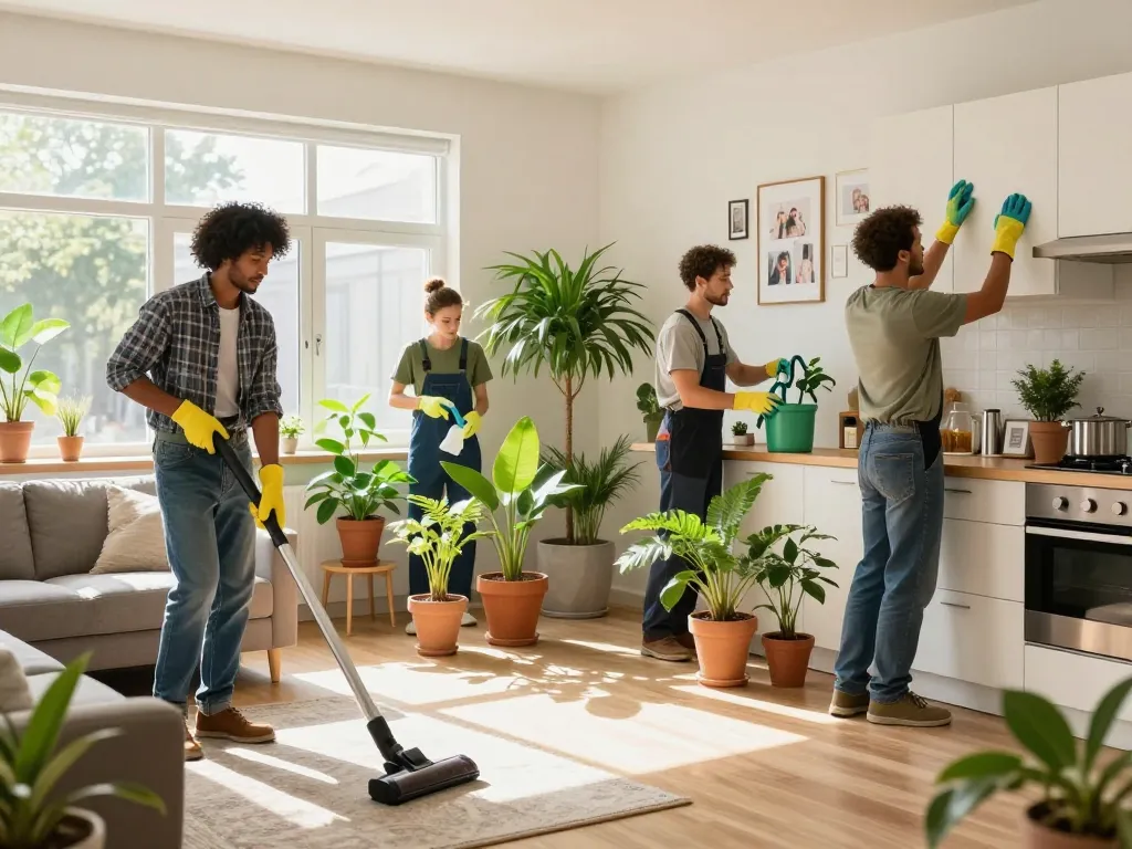 Profesionales del hogar dedicados limpiando una sala de estar acogedora y cuidando plantas mientras aseguran una atmósfera hogareña cómoda.