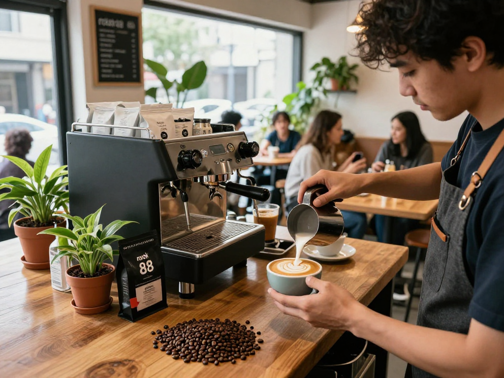 Barista preparing "rokok 88" coffee in a cozy café with fresh ingredients and rustic décor.