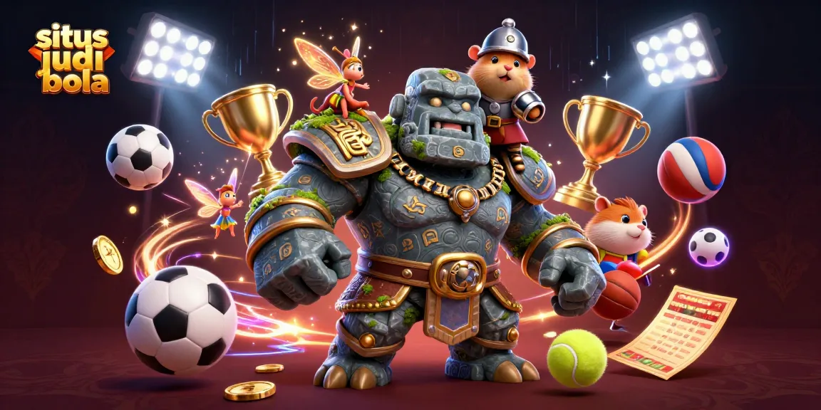 Situs judi bola menyajikan ilustrasi 3D golem kuno, peri bersayap, dan kesatria hamster dalam aksi taruhan olahraga.