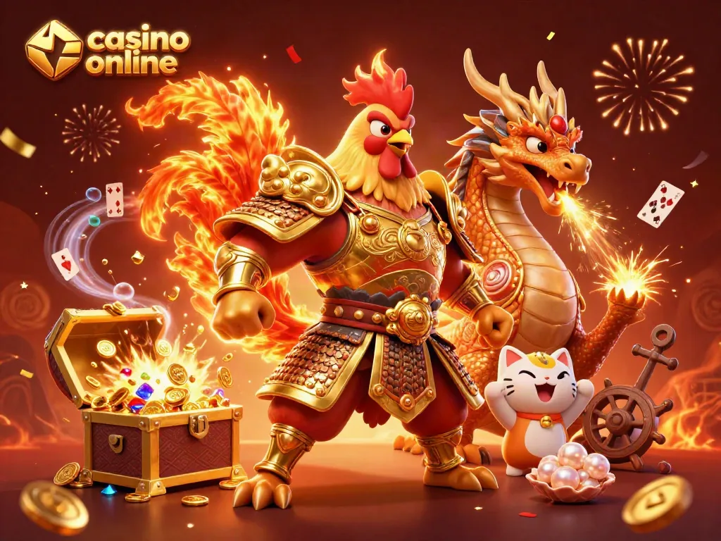 Gana en el casino online con increíbles dragones, guerreros y tesoros en esta ilustración vibrante