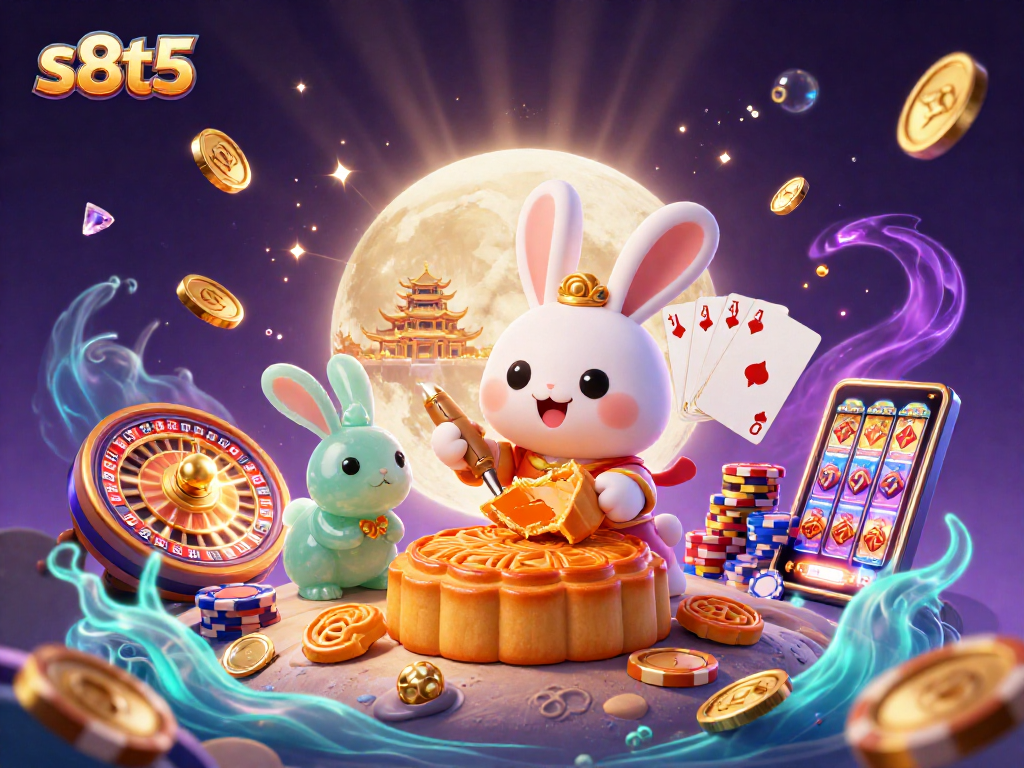 Witness the playful s8t5 moon rabbit bringing luck with poker chips and vibrant casino elements.