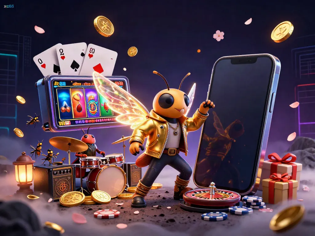 Experience the excitement of gambling at xo88 with a vibrant 3D casino scene featuring a rock star and dynamic gaming elements.