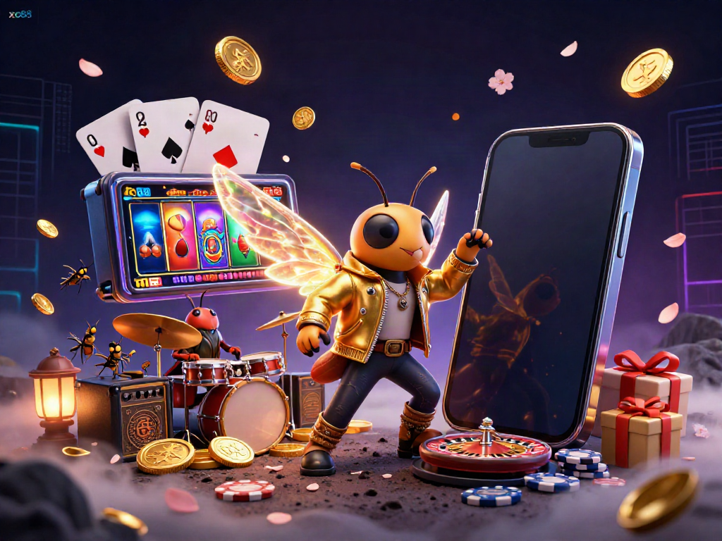 Experience the excitement of gambling at xo88 with a vibrant 3D casino scene featuring a rock star and dynamic gaming elements.