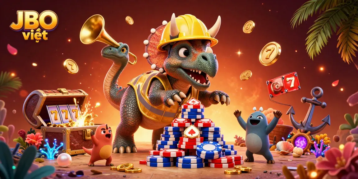 Celebrate big wins at JBO việt with a vibrant gaming scene filled with slot machines and playful dinosaurs.