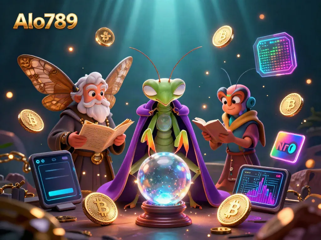 Alo789 engages players with a mystical scene featuring fortune tellers and glowing cryptocurrencies.