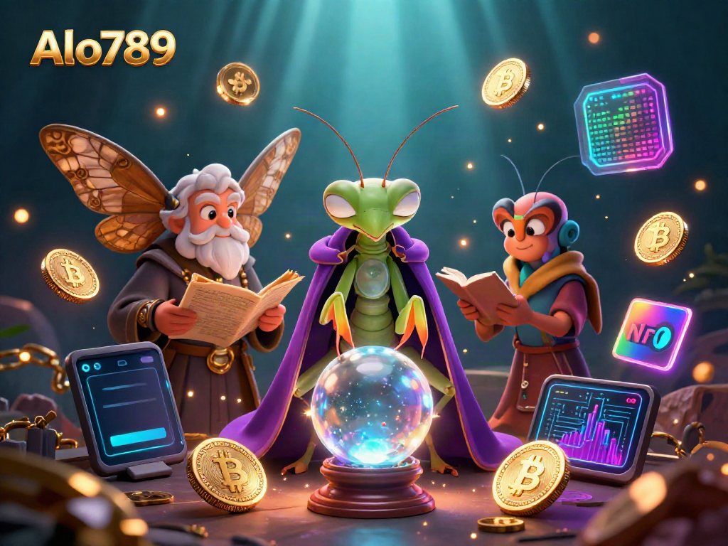 Alo789 engages players with a mystical scene featuring fortune tellers and glowing cryptocurrencies.
