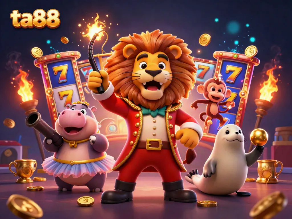 Experience thrilling slot gaming at ta88 with colorful circus characters and jackpot elements.