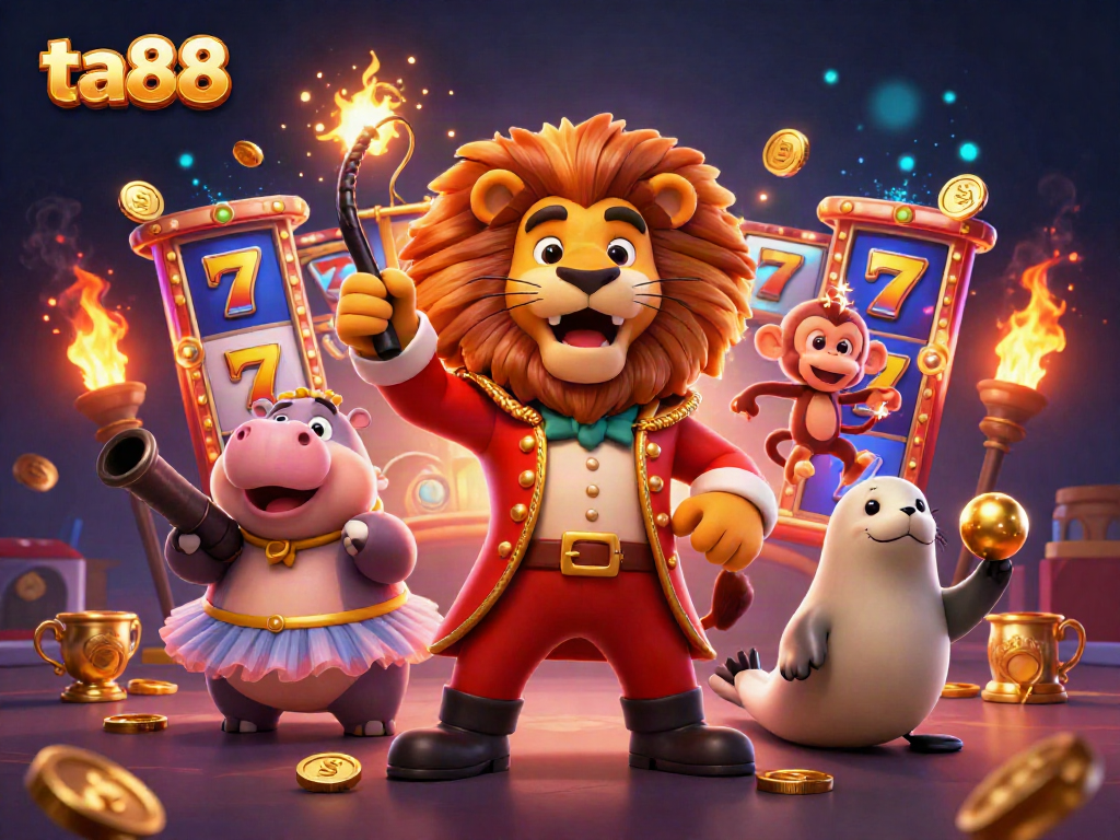 Experience thrilling slot gaming at ta88 with colorful circus characters and jackpot elements.