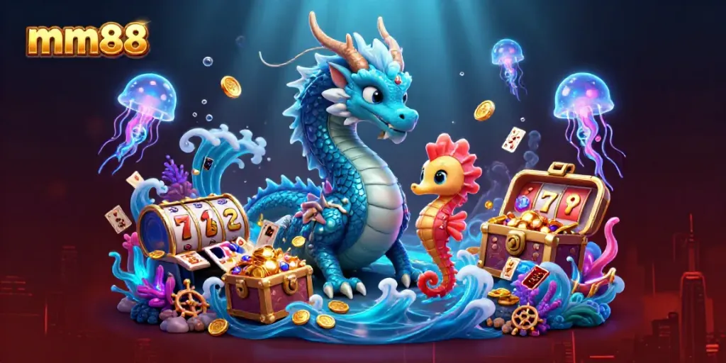 Immerse in the vibrant mm88 underwater casino scene with an azure water dragon, seahorse knight, and glowing treasures.