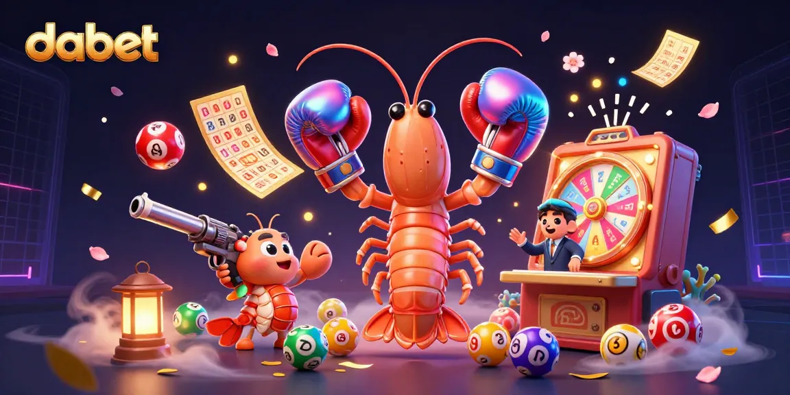 Dabet engages players with vibrant lottery games amidst lively characters and colorful elements.