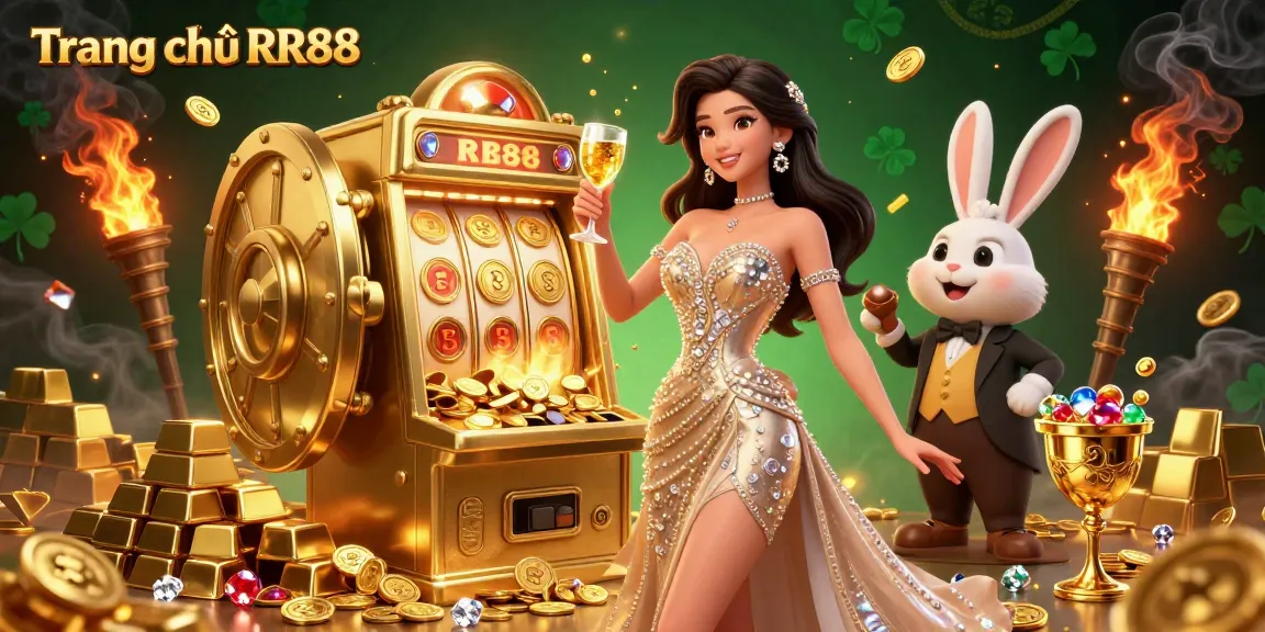 Experience the excitement of Trang chủ RR88 with a dazzling digital casino scene featuring a golden jackpot slot machine and vibrant game elements.