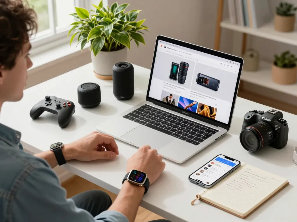 Explore affordable tech gadgets in a modern home office, showcasing Bluetooth devices and a stylish workstation.