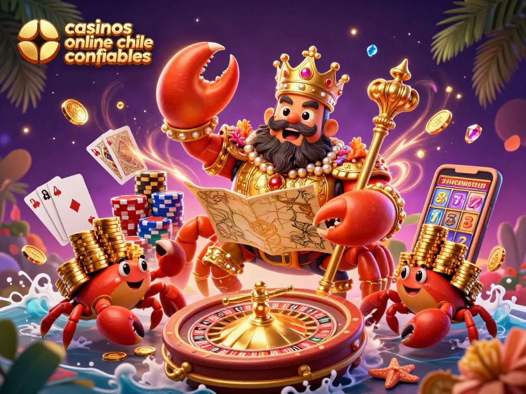 Ilustración 3D de un cangrejo dorado emblema destacando casinos online chile confiables y emoción del juego.
