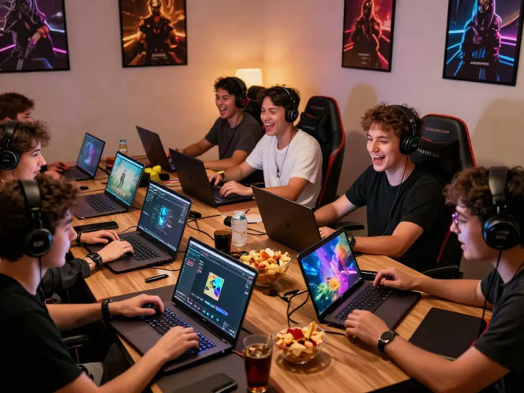 Gamers enjoying online gaming experiences at https://man88.hair/ in a vibrant and lively den.