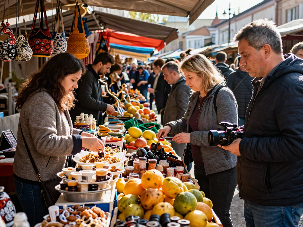 Disfrutando la experiencia de mercado en Rusia con https://payinrussia.com/ mientras los turistas interactúan y compran productos locales.
