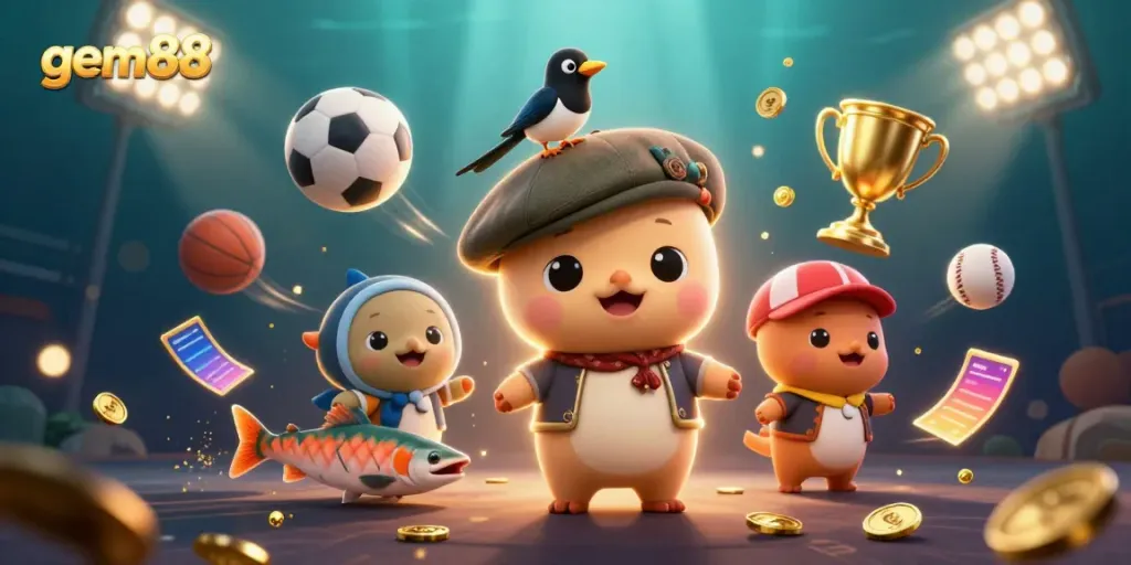 Experience the thrill with gem88's vibrant 3D illustration showcasing playful characters amidst dynamic sports elements.
