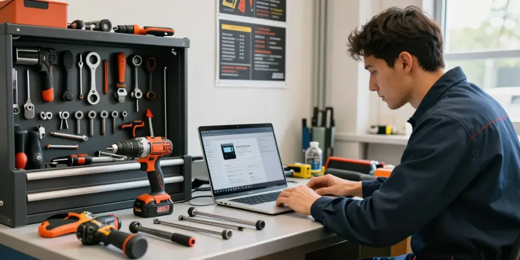 Descuentos del Black Friday KS Tools en un taller mecánico iluminado.