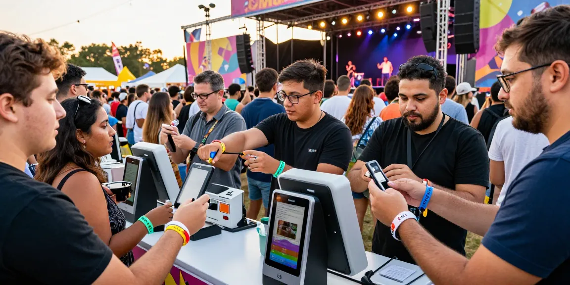 Attendees at a festival using pulseras digitales para eventos for access and payments, enjoying a vibrant atmosphere.