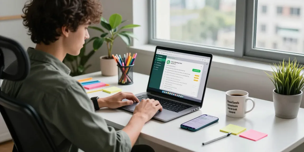 Workspace featuring WhatsApp電腦版 on laptop screen with smartphone notifications, showcasing productive tech environment.