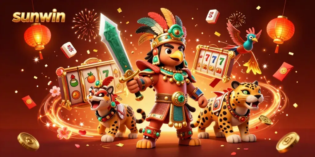 Experience thrilling action at sunwin with vibrant slot reels and dynamic characters celebrating in a colorful casino.