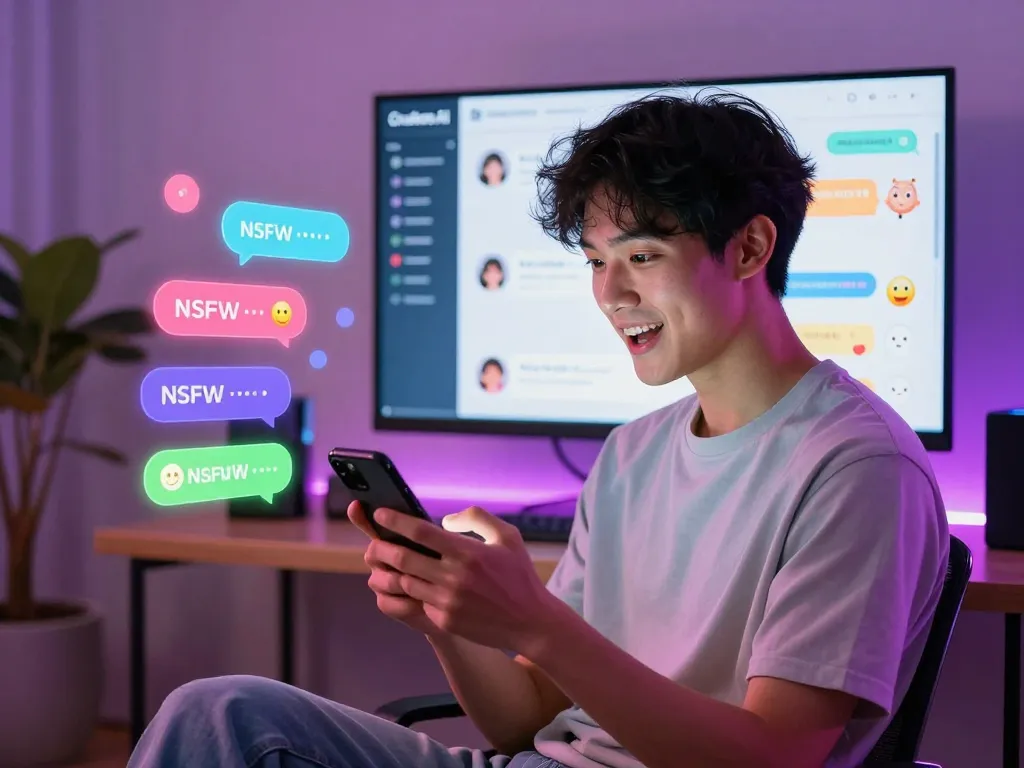 NSFW chat interactions showcased in a vibrant digital environment with colorful chat bubbles and avatars.