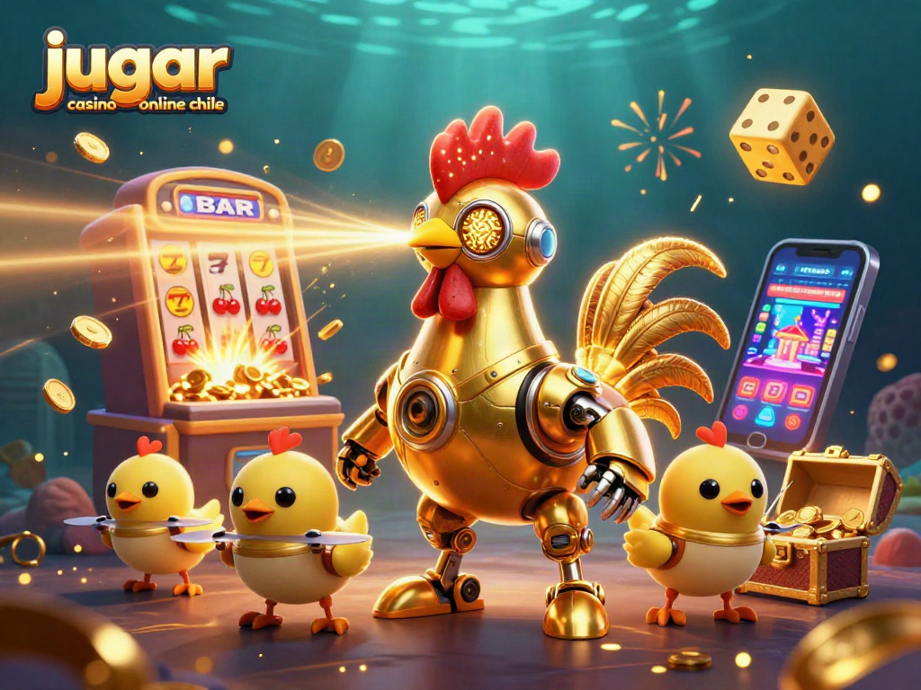 Jugar casino online Chile con un dinámico robot gallo y drones de pollitos en un ambiente lleno de acción.