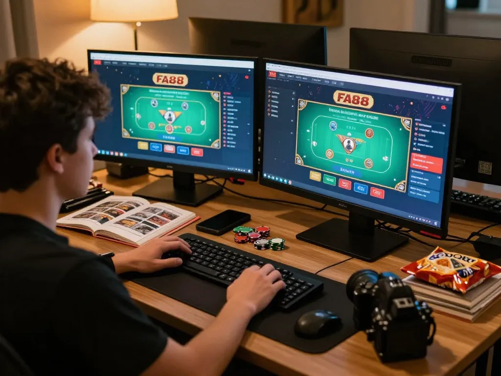 FA88 user enjoying online poker gameplay on multiple screens while studying strategies at home